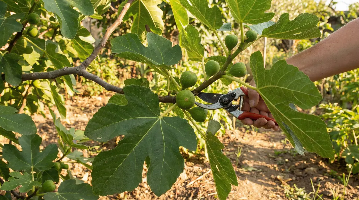Mano con cesoie che pota un ramo di fico con frutti verdi in un giardino
