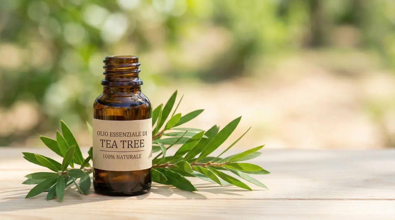 Boccetta di olio essenziale di Tea Tree con foglie verdi su un tavolo di legno, sfondo naturale sfocato