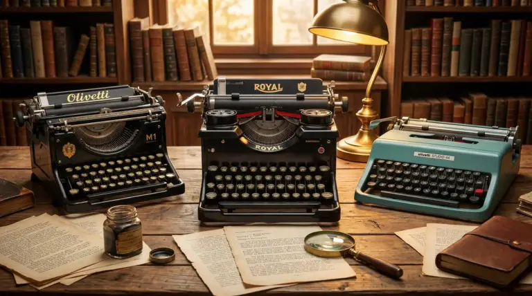 Tre macchine da scrivere vintage su un tavolo in legno, in uno studio con libri, lampada e fogli dattiloscritti