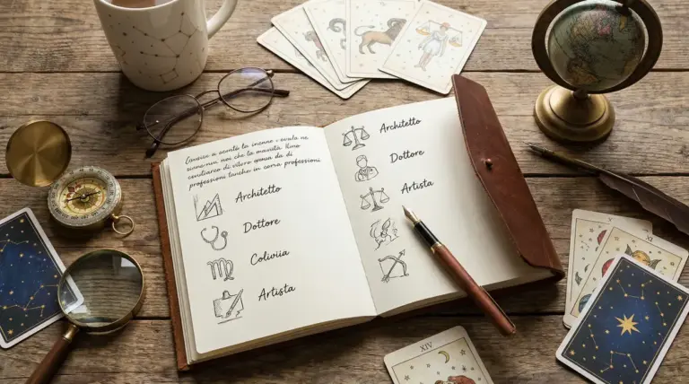 Taccuino con appunti su lavori e simboli astrologici, accanto a carte, bussola e mappamondo su tavolo in legno