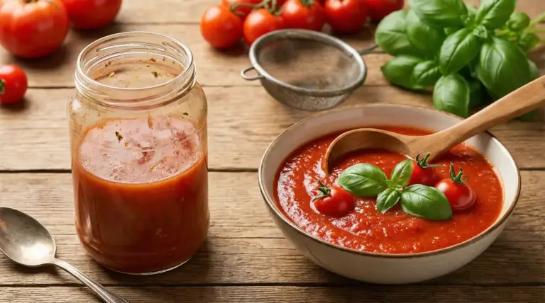 Ciotola di salsa di pomodoro con basilico e pomodorini, accanto a un barattolo di salsa su tavolo in legno