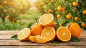 Arance intere e tagliate a metà con foglie su un tavolo di legno, con agrumeto sfocato sullo sfondo