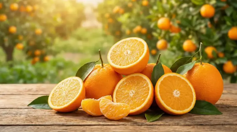 Arance intere e tagliate a metà con foglie su un tavolo di legno, con agrumeto sfocato sullo sfondo