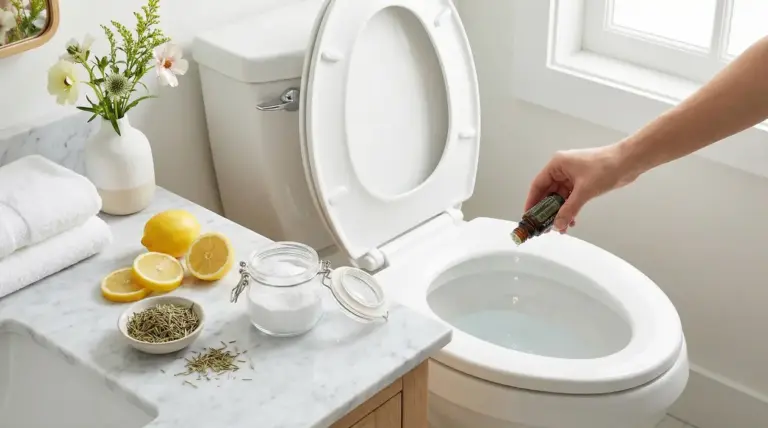 Mano versa olio essenziale nel WC con limoni, bicarbonato e rosmarino su piano lavabo in bagno luminoso