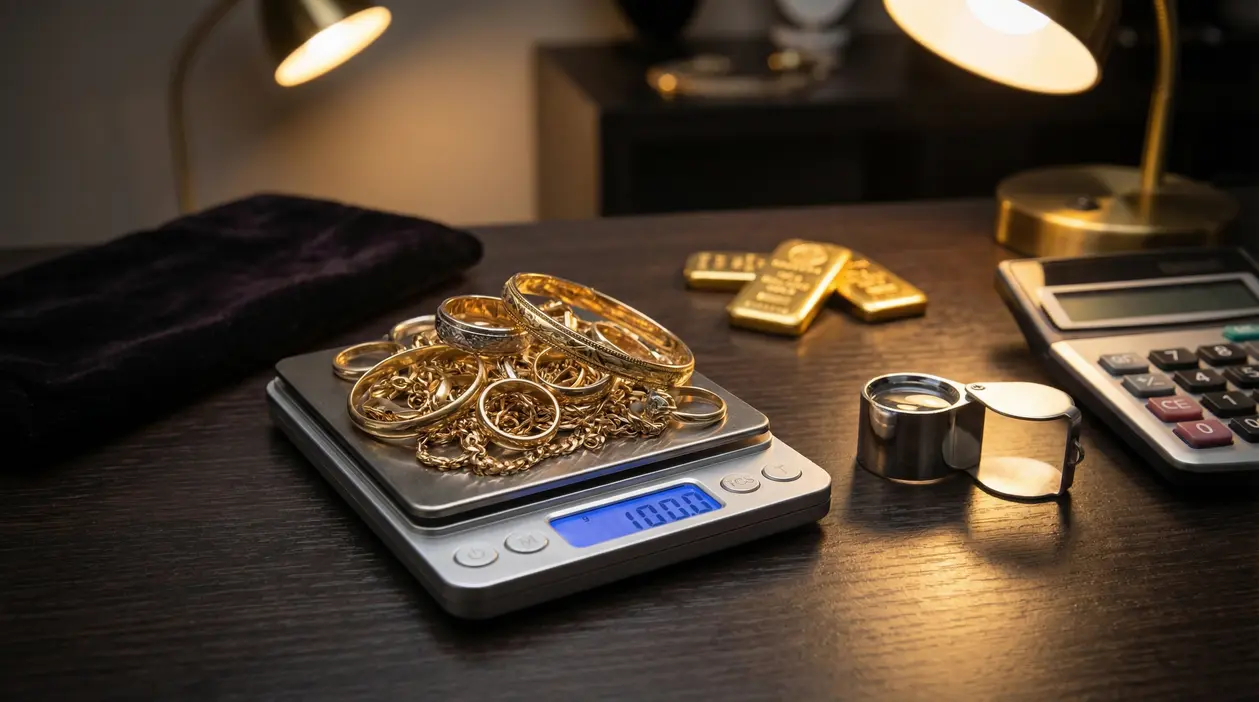 Gioielli d’oro su bilancia digitale con calcolatrice e lingottini sul tavolo, per stimare il valore dell’oro usato