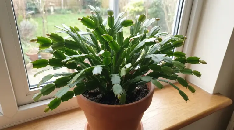 Cactus di Natale in vaso di terracotta sul davanzale, con numerosi boccioli pronti a fiorire