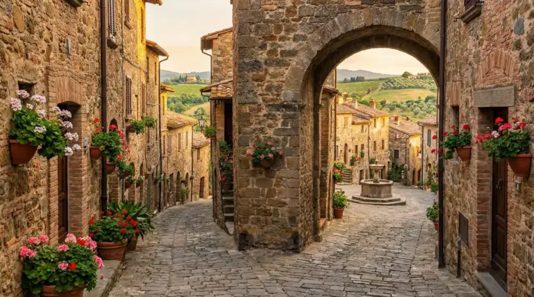 Vicolo in un borgo italiano in pietra con arco medievale, vasi di fiori e fontana, colline verdi sullo sfondo