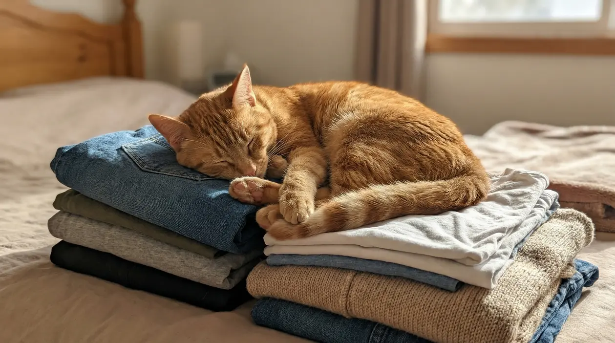 Gatto arancione che dorme su una pila di vestiti piegati sul letto