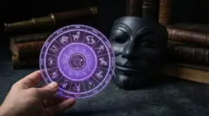 Mano che regge una ruota dello zodiaco luminosa viola accanto a una maschera nera e libri sullo sfondo