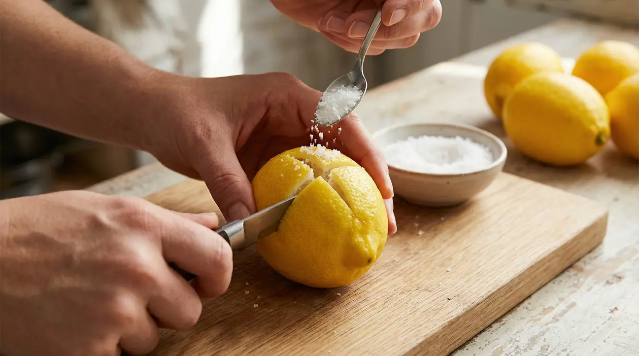 Mani che incidono un limone a croce su tagliere e lo riempiono di sale grosso con un cucchiaio