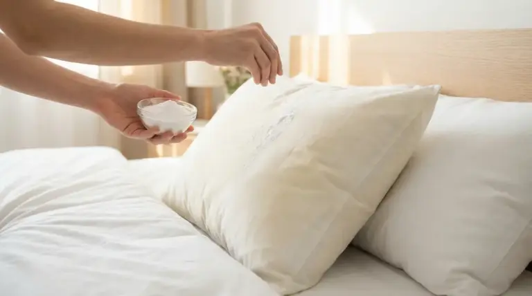 Persona che sparge bicarbonato su un cuscino ingiallito sul letto per rinfrescarlo e sbiancarlo senza sfoderarlo