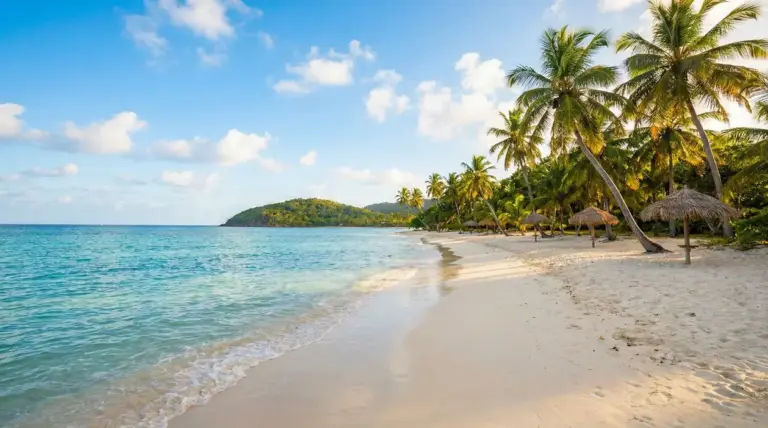 Spiaggia tropicale con palme, sabbia chiara e mare turchese calmo, ideale per vacanze con mare caldo e poca gente