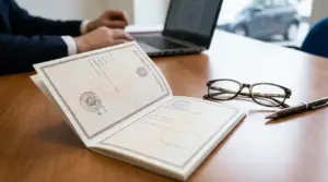 Documento ufficiale su scrivania con computer, occhiali e penna, in contesto di pratiche e agevolazioni legge 104