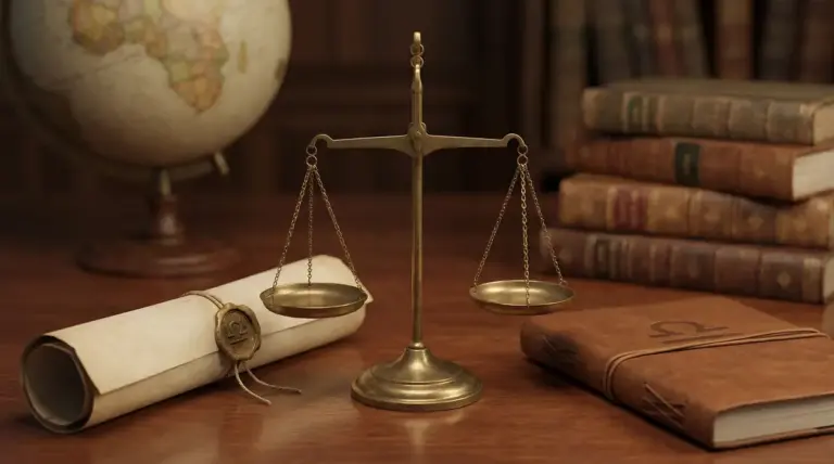 Bilancia in ottone su una scrivania con libri antichi e pergamena, simbolo di equilibrio e diplomazia nello zodiaco