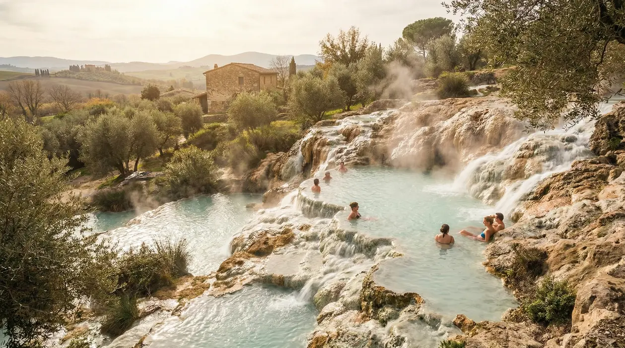 Piscine termali naturali gratuite con persone in acqua e vapore, tra rocce e ulivi in un paesaggio collinare italiano